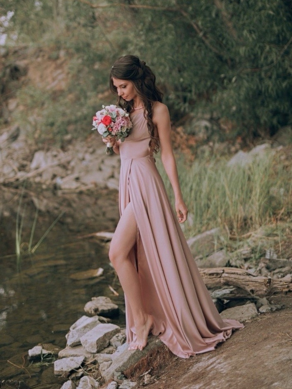 Elegant Blush Pink High-Low Slit Evening/Wedding Dress